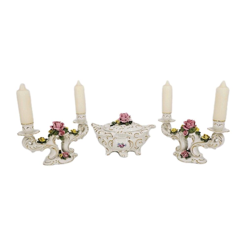 Set of Sandizell Hoffner & Co Dresden Candelabras & Footed Bowl W/ Lid Victorian